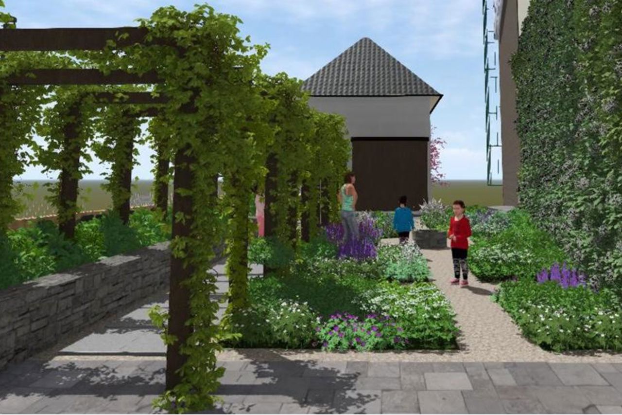 Illustrasjon av framtidig byrom på Nonneseter. Klatreplantar og hage. 