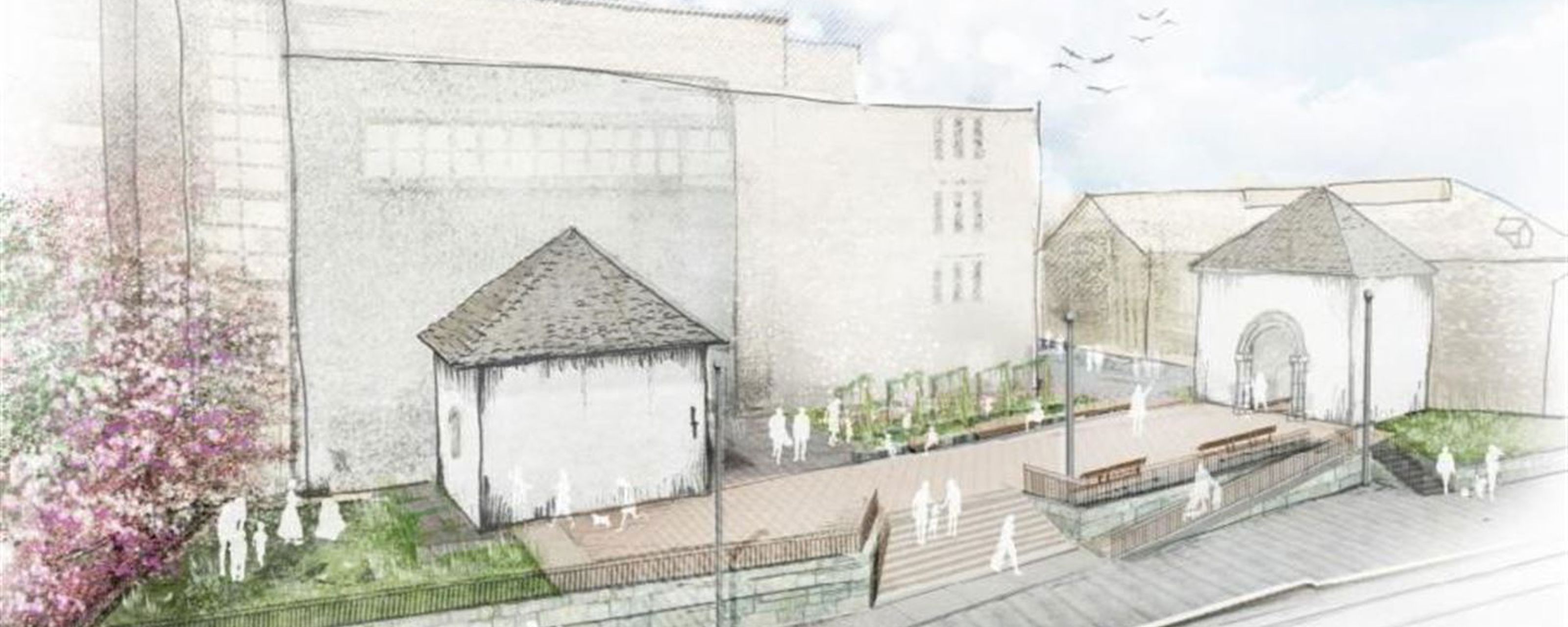 Skisse av korleis Nonneseter-området blir sjåande ut etter at den tidlegare Sølvvarefabrikkeng er rive ned. Det viser to klosterbygg fåå frå 1100-talet med ein open plass mellom bygga der folk kan gå og sykle. Det kjem også grøne planter. Illustrasjon: Norconsult

