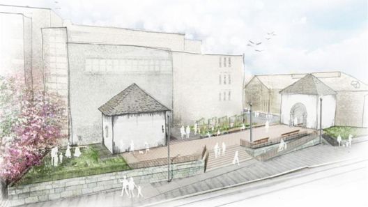 Skisse av korleis Nonneseter-området blir sjåande ut etter at den tidlegare Sølvvarefabrikkeng er rive ned. Det viser to klosterbygg fåå frå 1100-talet med ein open plass mellom bygga der folk kan gå og sykle. Det kjem også grøne planter. Illustrasjon: Norconsult

