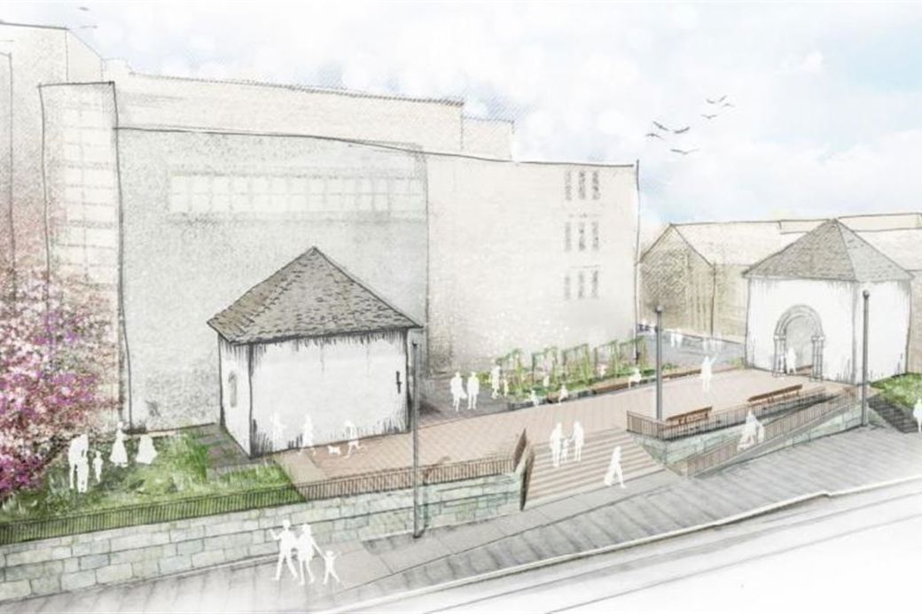 Skisse av korleis Nonneseter-området blir sjåande ut etter at den tidlegare Sølvvarefabrikkeng er rive ned. Det viser to klosterbygg fåå frå 1100-talet med ein open plass mellom bygga der folk kan gå og sykle. Det kjem også grøne planter. Illustrasjon: Norconsult

